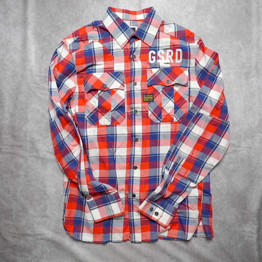 G-Star RAW GSRD Red Blue Plaid Western Flannel Zip Snap Shirt - Men’s Medium
